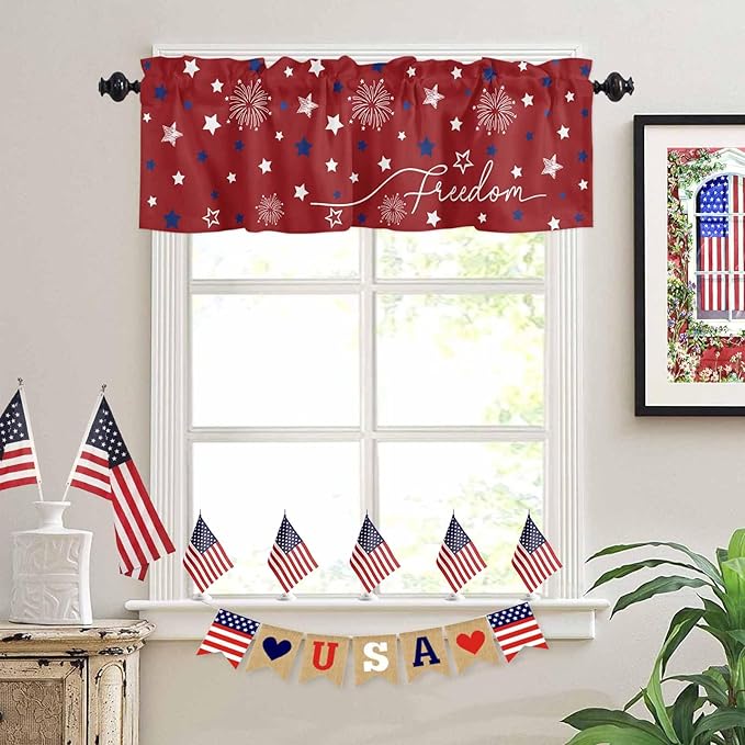 Patriotic 4th of July Kitchen Curtains Valances for Windows Red White Blue Stars Freedom Rod Pocket Window Treatment for Kitchen /Living Room/Bedroom/ Bathroom, 60" X 18", Memorial Day Summer