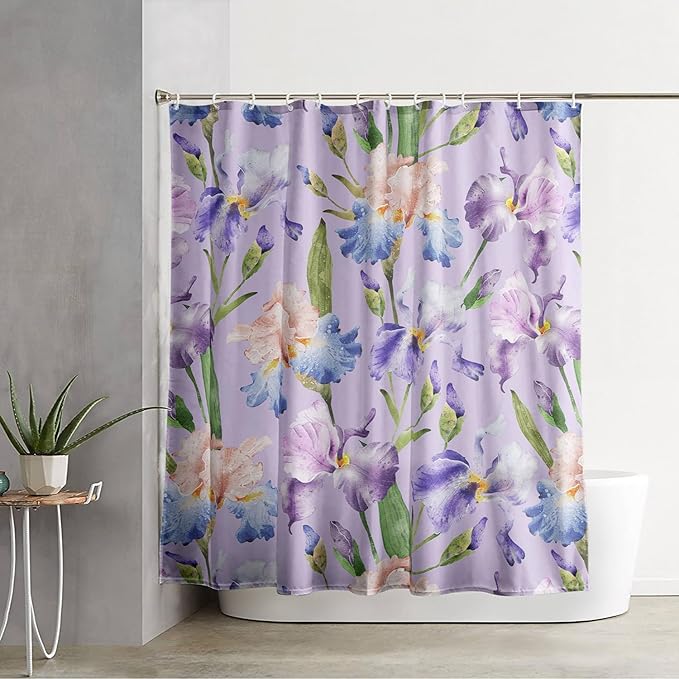 AILONEN Floral Shower Curtain, Pretty Purple Iris Pattern Shower Curtain Set for Girls Boys Teens Kids,Fantasy Vintage Flower Fabric Shower Curtains for Bathroom,72" W*78" H