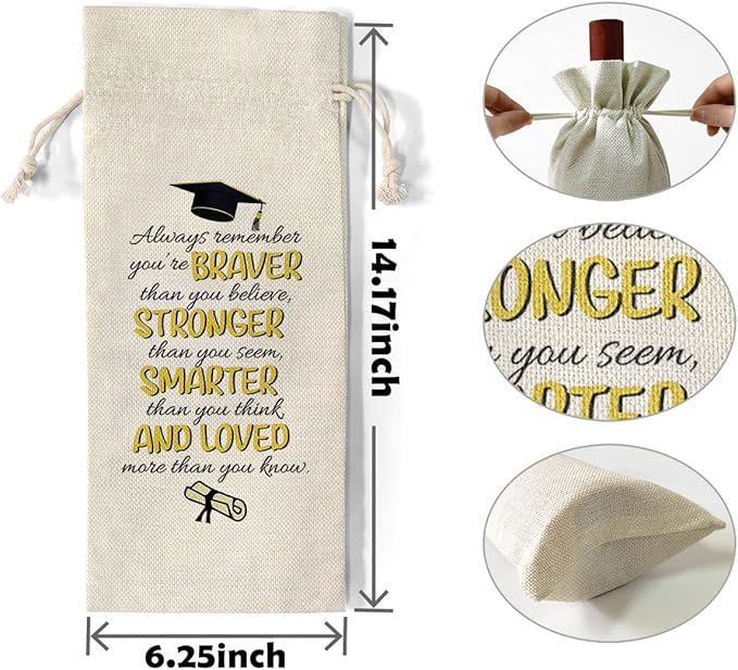 BiuNiuring Graduation Gift, Inspirational College Students Bachelor Hat Wine Bag Gift, Always Remember You Are Braver Than You Believe