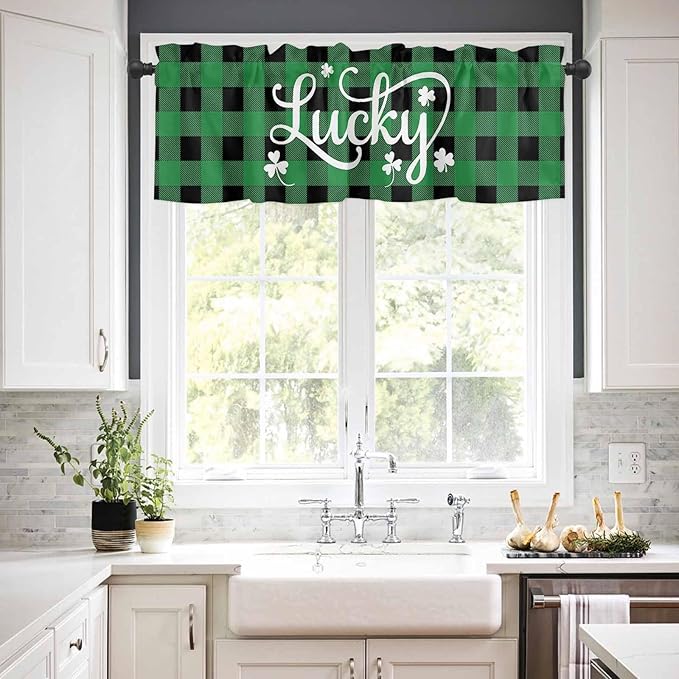 St. Patrick's Day Buffalo Plaid Kitchen Curtains and Valances Set, Lucky Shamrocks Clover Window Tiers Rustic Green Black Half/Short Curtains for Small Windows Cafe /Living Room/ Bedroom 54x24 in