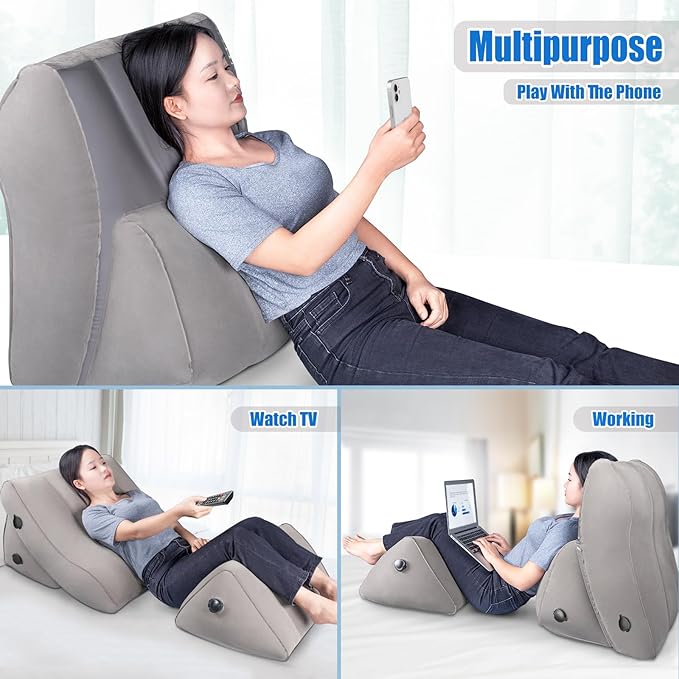 SAHEYER Inflatable Bed Wedge Pillow Set, 2 PCS Post Surgery Support Pillow for Back, Knees, Leg Pain Relief, Adjustable Sitting Pillows for Acid Reflux, Anti Snoring, Heartburn, GERD Sleeping (Grey)