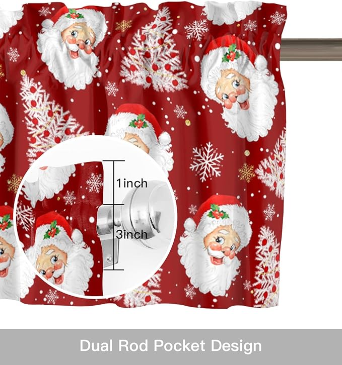 Red Christmas Valance Curtains for Kitchen Windows Santa Claus Merry Christmas Tree Rod Pocket Window Treatment Toppers for Kitchen/Living Room/Bedroom/Bathroom, 54" X 18", Winter Snowflake