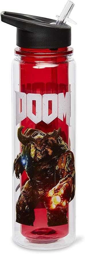 JUST FUNKY Official DOOM Cyberdemon Double Wall Plastic Water Bottle - 16-Ounce Container with Lid for Water, Tea, Coffee - Insulated Drinking Cup for Travel, Hiking Running - Licensed Merchandise