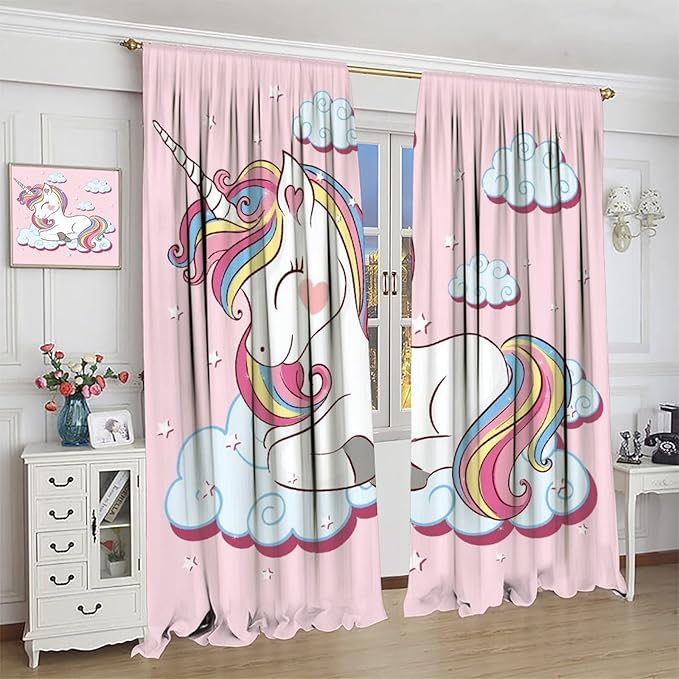 Unicorn Curtain for Kids Bedroom,Pink Cartoon Rainbow Darkening Curtains Decor Sliding Curtains Decorative Curtains for Girls Boys Baby Room,Living Room Decoration 63x63inch