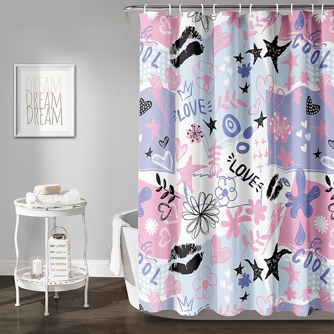 AILONEN Love Lipstick Shower Curtain,Stars with Flowers Theme Waterproof Fabric Shower Curtain Set for Girls Boys Kids Teens, 60" W*72" H Purple Graffiti Shower Curtain Set