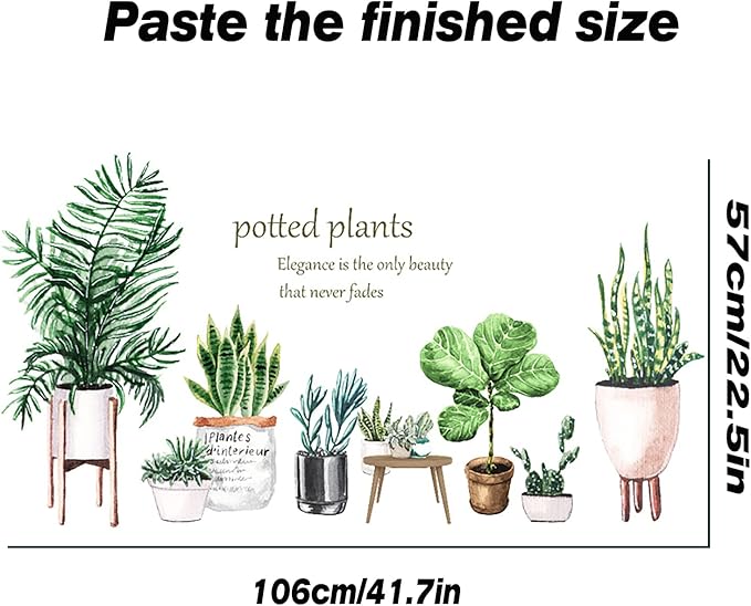 Green Plants Potted Wall Decals Tropical Plants Green Leaves Wall Stickers, DIY Vinyl Nature Wallpaper, for Living Room Background Wall Decoration Kids Bedroom Kitchen Office Girl Room