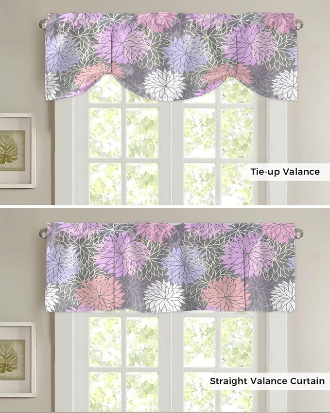 Tie Up Valance for Kitchen Living Room Farmhouse - Chrysanthemum Pink Purple Flower Rod Pocket Adjustable Tie-up Shade Valance for Small Window, Window Valance Balloon Drape for Bathroom 42x18 inches