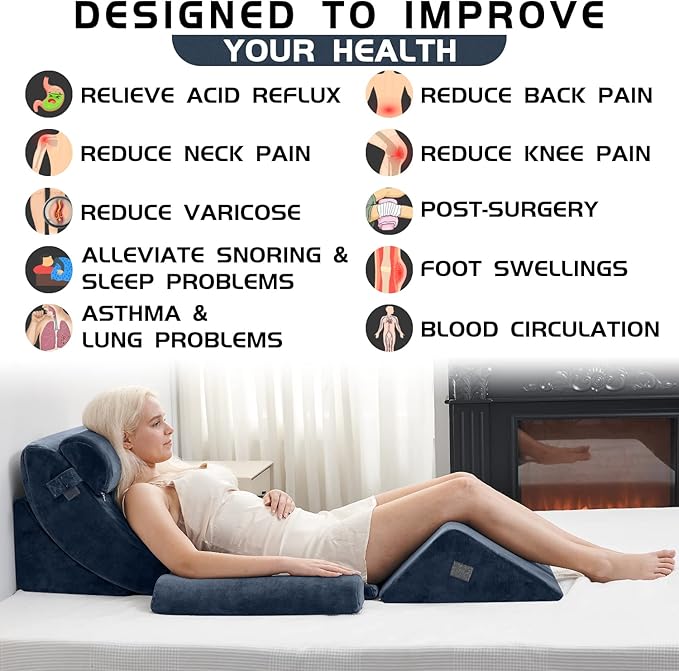 Qirroboni 6PCS Orthopedic Bed Wedge Pillow Set, Adjustable Pillows for Neck, Back and Leg Pain Relief Comfortable & Post Surgery Foam - Heartburn, Anti Snoring, Acid Reflux & GERD Sleeping Indigo
