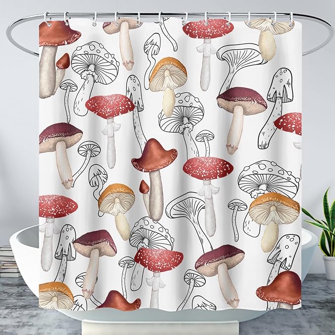 AILONEN Cartoon Mushroom Shower Curtain,Modern Shabby Chic Plants Fungus Themed Waterproof Bath Curtain,Minimalist Curtain for Bathroom Decor, 48" W x 72" H