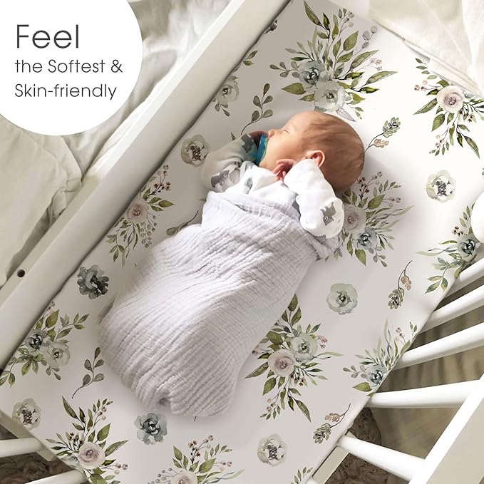 Stretchy Ultra Soft Fitted Bassinet Sheets 2 Pack, Universal Fitted for Bassinets Baby Cradle Moses Basket Oval Rectangle Mattress, Watercolor Rose and Flora Bassinet Sheet for Baby Girls