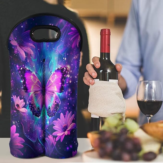 doginthehole Wine Bottle Travel Bag 2 Bottle Purple Butterfly Daisy Print Wine Carrying Tote for Women Wine Lover Champagne Carrier Bag Portable Neoprene Wine Tote for Travel, Picnic, Party