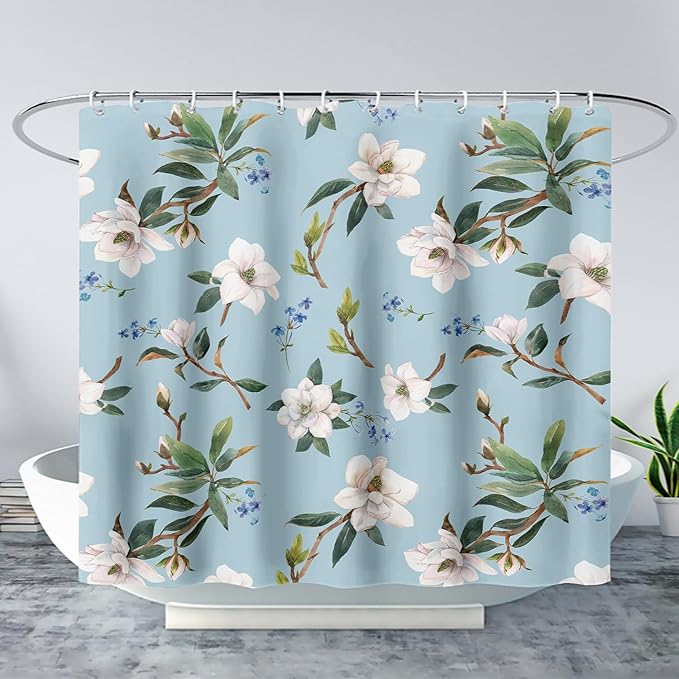 AILONEN Flower Shower Curtain, White Gardenia on Blue Background Fabric Shower Curtains for Bathroom,Elegant Floral Pattern Shower Curtain Set for Girls Women Couple,72" W*72" H