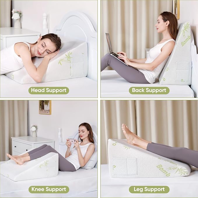 Bed Wedge Pillow with Memory Foam Top 12" Triangle Wedge Pillow for Sleeping Acid Reflux After Surgery Heartburn Snore Back Leg Knee Pain, Soft & Comfortable, Breathable & Durable Cover - Beige