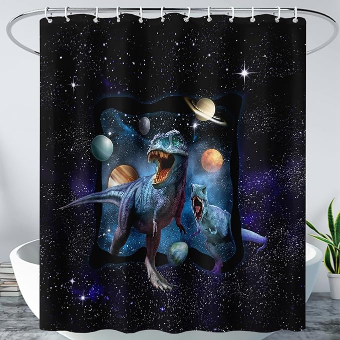 AILONEN Boys Dinosaur Shower Curtain 36" W*72" H for Bathroom,Blue Galaxy Starry Dinosaur Bathroom Shower for Boys Teen,Cartoon Dinosaur Bath Curtain Polyester Waterproof Shower Curtain with Hooks