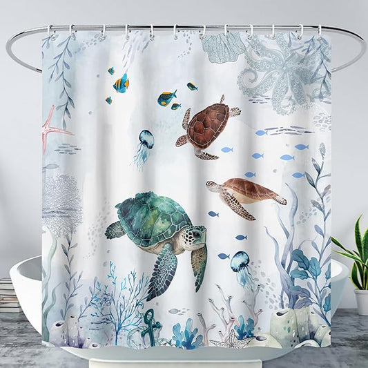 AILONEN Cartoon Sea Turtle Shower Curtain Set, Blue Ocean Animals Waterproof Fabric Shower Curtain,Gouache Anchor Nautical Theme Shower Curtain Liner for Bathroom with Hooks,72" Wx84 H