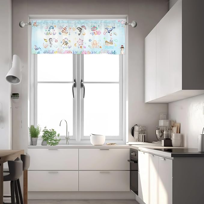 Colorful Sea Animals Valance 54''x18'' Kids Toddler Nursery Bedroom Window Decor Drapes Whale Dolphin Turtle Sea Horse Corals Rainbow Rod Pocket Short Curtains for Kitchen Living Room Bathroom 1 Pack