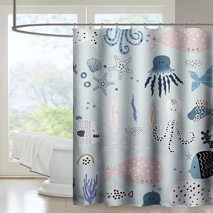 AILONEN Cartoon Ocean Life Shower Curtain for Kids 48" W*72" H Inch,Kawaii Fish Whales Octopuses Pattern Shower Curtain,Ocean Life Theme 12 Pack Hooks Polyester Waterproof Fabric Decor for Bathroom