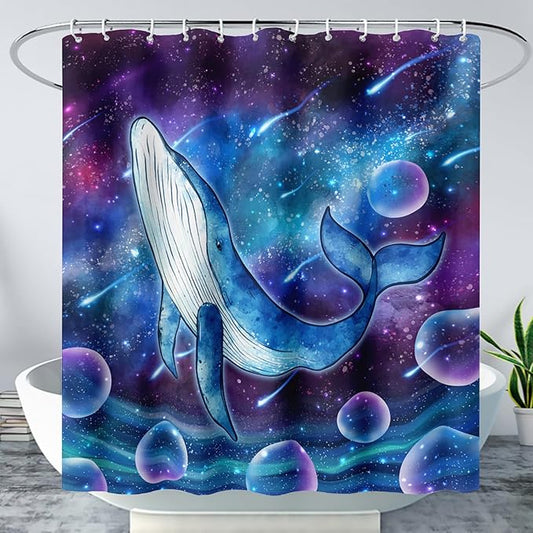 AILONEN Cartoon Blue Whale Shower Curtain,Swimming Whale Fabric Shower Curtains for Bathroom,Starry Night Bathroom Curtains for Kids Girls Boys,Fantasy Whale Bath Curtain Set, 48" W*72" H