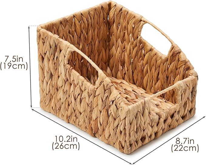 EZOWare Woven Open Front Storage Baskets, Natural Water Hyacinth Wicker Storage Trapezoid Organizer Bin Boxes with Handles for Closet Clothes Kids Room Nursery, Empty Decorative Gift - Set of 2