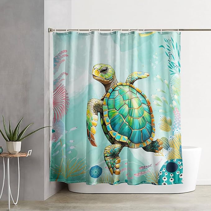 AILONEN Cute Sea Turtle Shower Curtain,Cartoon Turtle with Water Plant Shower Curtain Set for Bathroom,Kawaii Ocean Animal Theme Waterproof Fabric Shower Curtain with Hooks,72" W*96" H