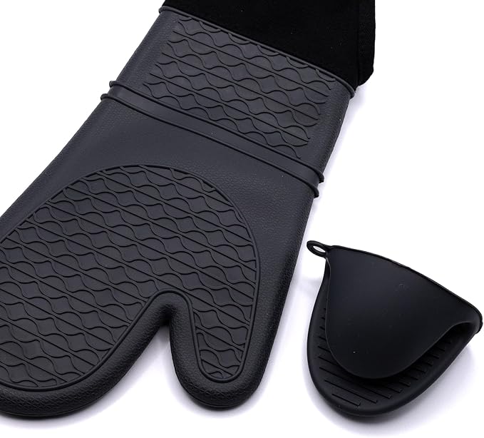 Extra Long Oven Mitts and Pot Holder Set for Ultimate Kitchen Safety- hot Pads and Oven Mitts- Heavy Duty- Silicone Heat Resistant Oven Mitts and Pot holde(Dark Gray)