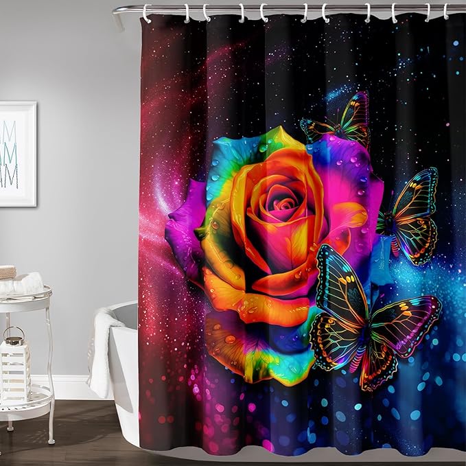 AILONEN Colorful Rose Shower Curtain for Bathroom Decor,Butterfly Galaxy Rose Flower Bath Curtain for Girls Women,Modern Romantic Curtain Waterproof with 12 Plastic Hooks, 72" W*96" H