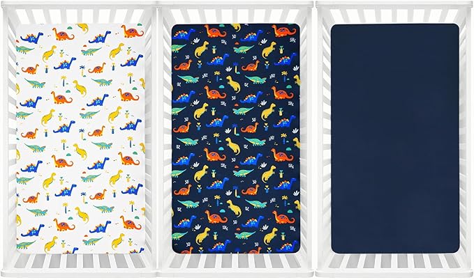 3 Pack Fitted Crib Sheets, Ultra Soft Breathable Comfortable Baby Sheet Set for Boys Girls Neutral, 28x52 Inch Fits Standard Crib and Toddler Mattresses, Dinosaur