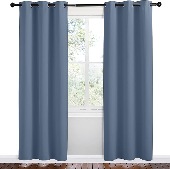 NICETOWN Short Curtains for Kitchen, Stone Blue, 1 Pair, 42 inches Wide by 78 inches Long, Thermal Insulated Solid Grommet Blackout Window Treatment Curtain Panels for Loft, Cafe