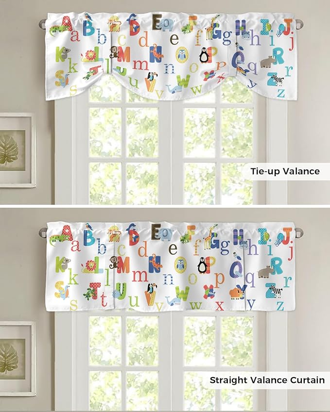 Cute Animals Alphabet for Kids Blackout Tie Up Valance Curtains for Kitchen Windows Colorful Printed Window Toppers Balloon Shades for Living Room/Bathroom/Bedroom,1 Panel,42" X 12"