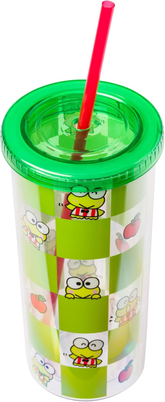 Silver Buffalo Sanrio Hello Kitty and Friends Keroppi Green Checkered Plastic Cold Cup with Lid and Straw, 20 Ounces
