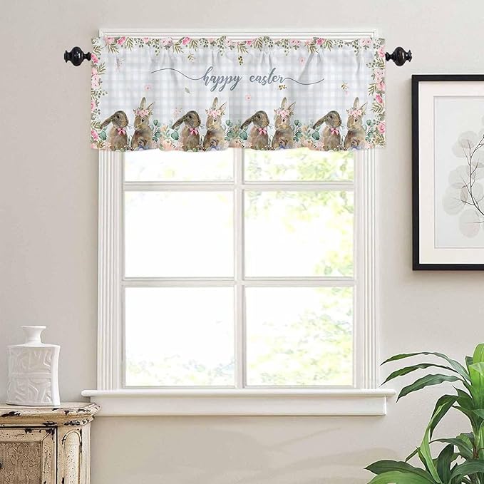 Rabbits Flowers Easter Kitchen Curtains and Valances Set,Eucalyptus Leaf Spring Summer Window Tiers Grey White Buffalo Plaid Half/Short Curtains for Small Windows Cafe /Living Room/ Bedroom 54x24 in