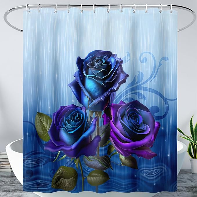 AILONEN Blue Rose Shower Curtain for Girls,Raining Rose Shower Curtain for Bathroom Decor,Women Kids Polyester Waterproof 3D Printed Bath Curtain with 12 Hooks,72" W*72" H