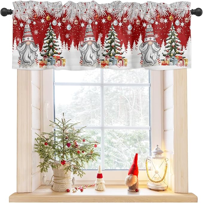 Christmas Gnome Valance Curtains for Kitchen Windows Winter Merry Christmas Tree Balls Rod Pocket Window Treatment Toppers for Kitchen/Living Room/Bedroom/Bathroom, 54" X 18", Red