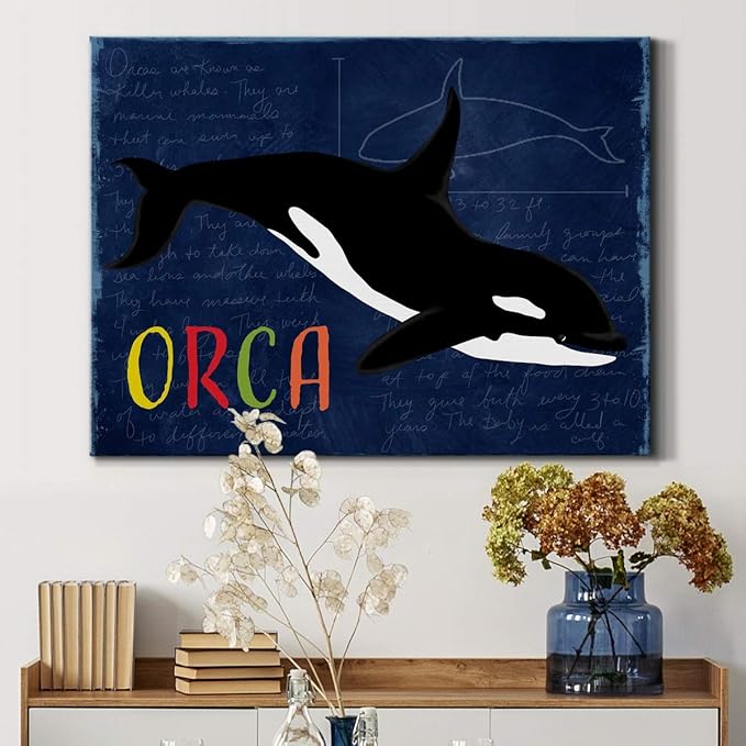 Renditions Gallery Canvas Animal Wall Art Modern Decorations Paintings Colorful Playful Orca Abstract Black & White Vibrant Artwork Canvas Prints for Kids Bedroom Nursery - 32"x48" LT33