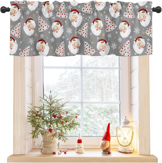 Grey Christmas Valance Curtains for Kitchen Windows Santa Claus Merry Christmas Tree Rod Pocket Window Treatment Toppers for Kitchen/Living Room/Bedroom/Bathroom, 54" X 18", Winter Snowflake