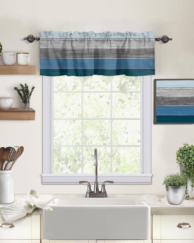 Farmhouse Kitchen Curtains Valances for Windows ,Blue Gray Ocean Hues Rod Pocket Country Window Treatment for Kitchen /Living Room/Bedroom/ Bathroom,54" X 18" -1 Panel, Retro Rustic Barn Wood Texture