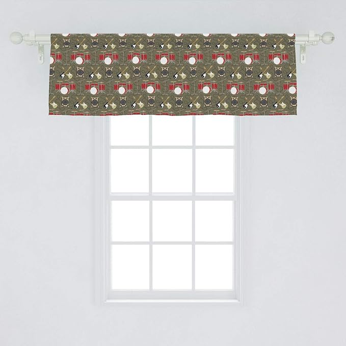 Ambesonne Music Window Valance, Rock and Roll Theme with Electric Guitars Drums and Amplifiers Melody Audio, Curtain Valance for Kitchen Bedroom Decor with Rod Pocket, 54" X 18", Army Green and Red