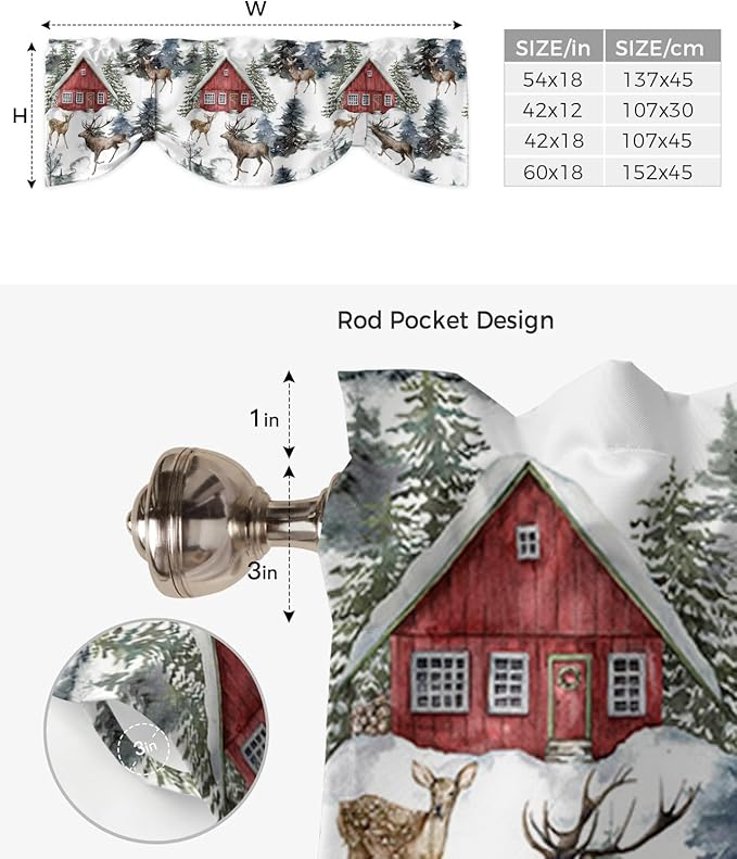 Christmas Blackout Tie Up Valance Curtains for Kitchen Windows Red Farmhouse Barn Window Toppers Balloon Shades for Living Room/Bathroom/Bedroom,1 Panel,42" X 18" Elk