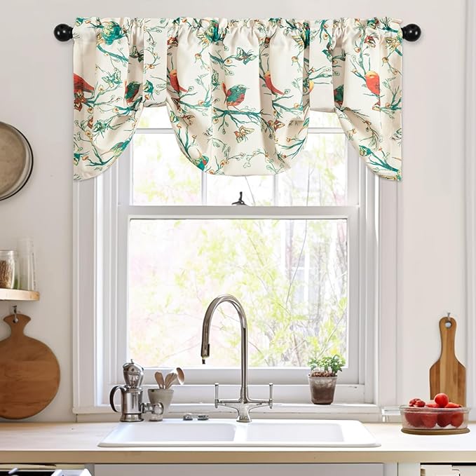 Leeva Branch and Birds Print Tie Up Curtains Valances for Windows Porch, Thermal Insulated Rod Pocket Green Spring Style Small Curtains and Drapes for Kids' Room, One Panel, 52 x 18