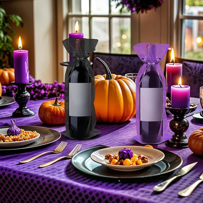 Megitzuu 20 Pieces Organza Wine Bags, 14.6 x 5.5 Inch Wine Gift Bag with Drawstring Sheer Mesh Wine Gift Pouches Bottle Covers for Halloween Christmas Wedding Party Favors (Black+Purple)