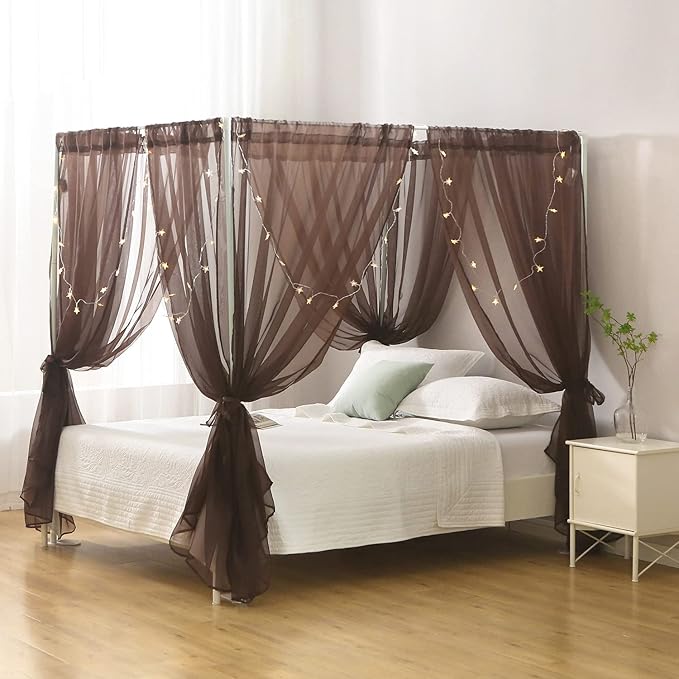Canopy Bed Curtains for Twin Bed, Coffee Pincess Girls Bed Canopy, Adults Room Decor (Coffee)