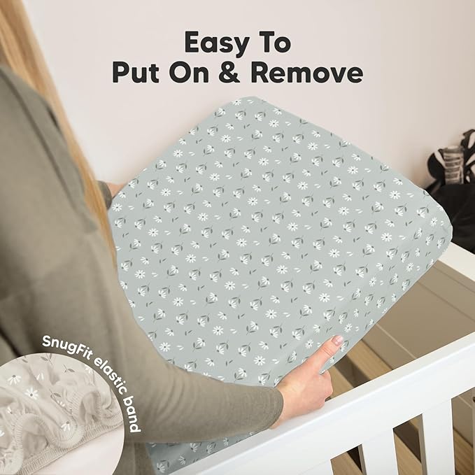 2-Pack Mini Crib Sheets Fitted, Pack and Play Sheets - Organic Cotton Pack N Play Sheets for Pack and Play Mattress, Playard Baby Crib Sheets, Jersey Crib Sheets Neutral for Boys, Girls (Daisies)