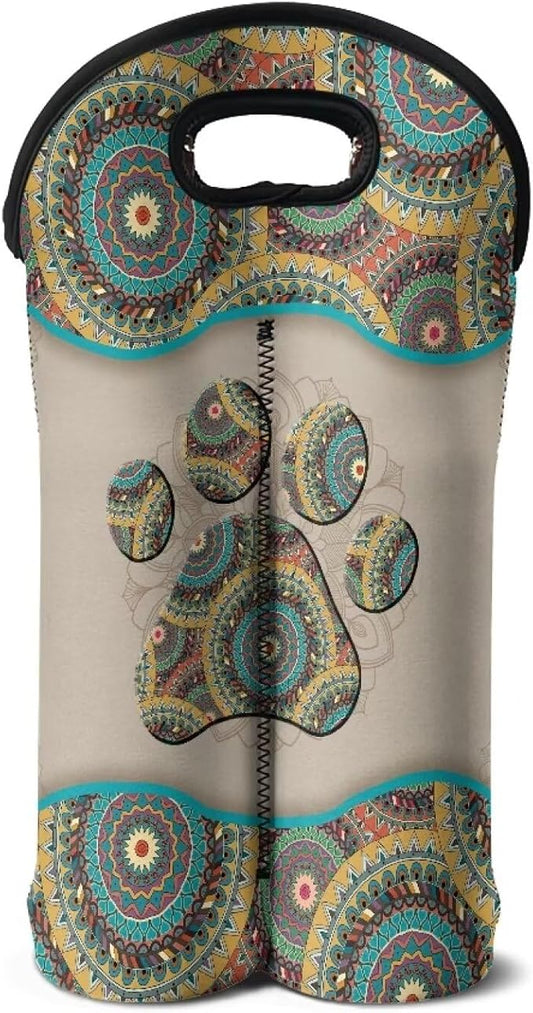 doginthehole Boho Dog Paw Print Wine Carrier Travel Bag 2 Bottle Wine Tote Portable Neoprene Champagne/Water Bottle/Beer/Drinks Carrying Bag for Travel, Picnic, Party