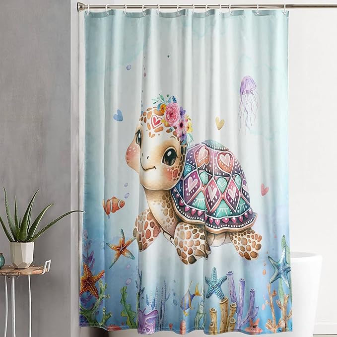 AILONEN Cartoon Sea Turtle Shower Curtain,Kawaii Ocean Sea Turtle Bath Curtain Set for Kids Girls,Ocean Flowers Bathroom Curtains,Watercolor Blue Shower Curtains for Bathroom, 72" W*78" H