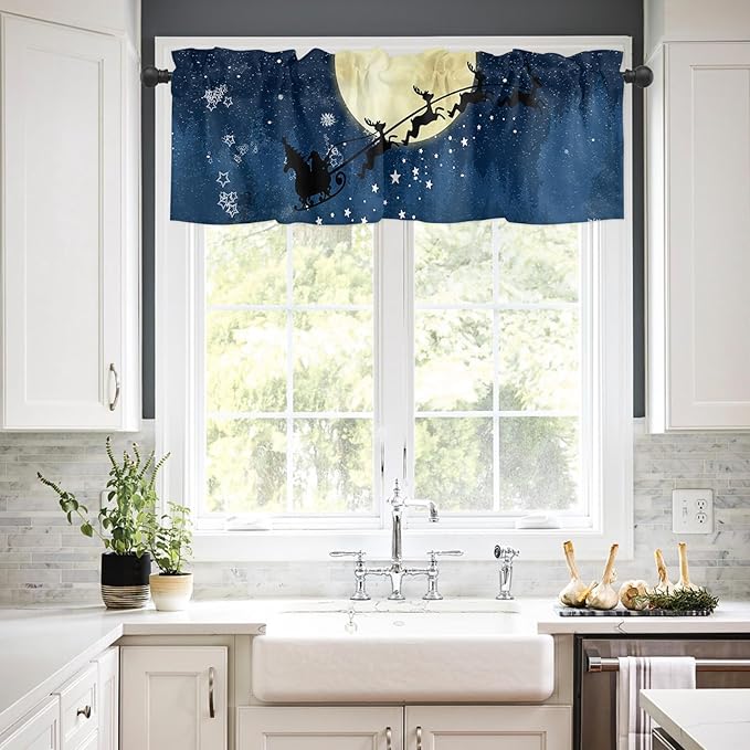 Christmas Valance Kitchen Curtains for Windows, Santa Claus Reindeer Rod Pocket Valances Window Treatments Blue Snowy Night Short Curtains for Bedroom/Living Room, 54" X 18" -1 Panel