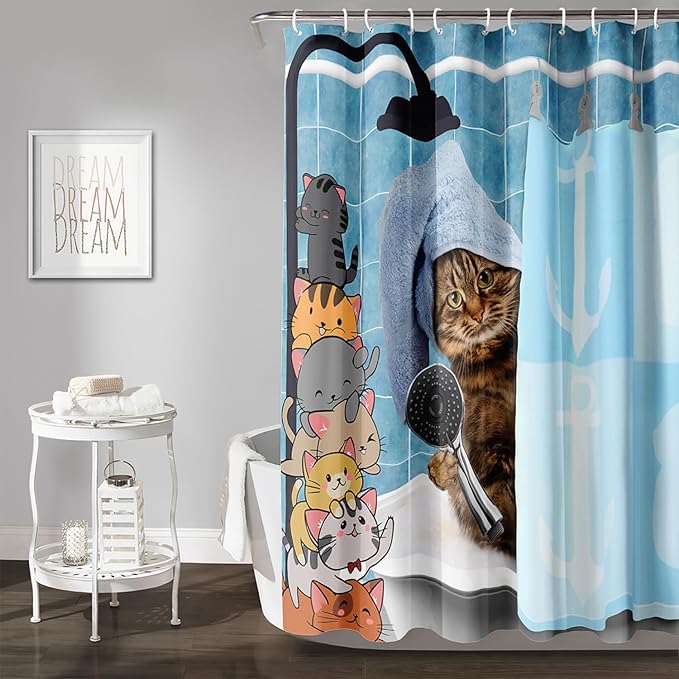 AILONEN Funny Cat Shower Curtain for Kids 48"W*72"H Inch, Cartoon Animal Bathroom Curtain,12 Pack Hooks Polyester Waterproof Fabric Decor for Bathroom,Cute Kitten Taking Shower Cloth Fabric Bathroom