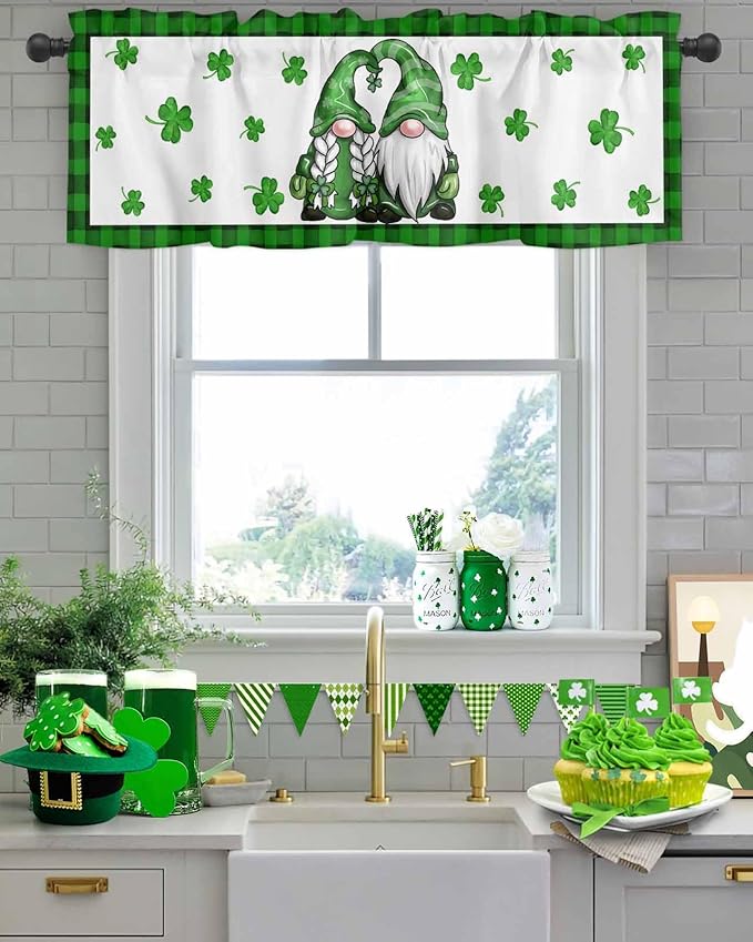 Gnome St. Patrick's Day Kitchen Curtains Valances for Windows Buffalo Plaid Shamrock Rod Pocket Window Treatment for Kitchen /Living Room/Bedroom/ Bathroom, 54" X 18", Seasonal Spring Holiday