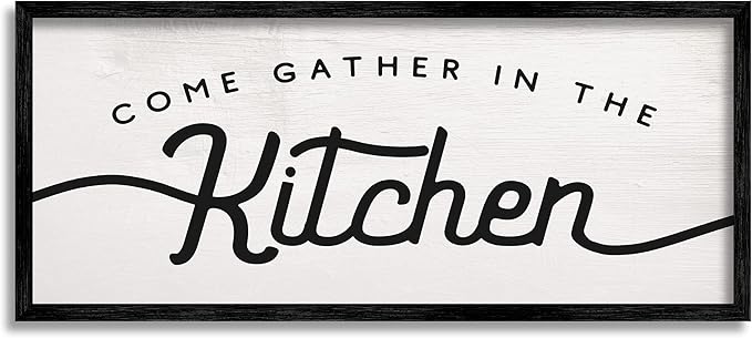 Stupell Industries Come Gather in The Kitchen Sign Family Charm, Designed by Daphne Polselli Black Framed Wall Art, 13 x 30, Off- White
