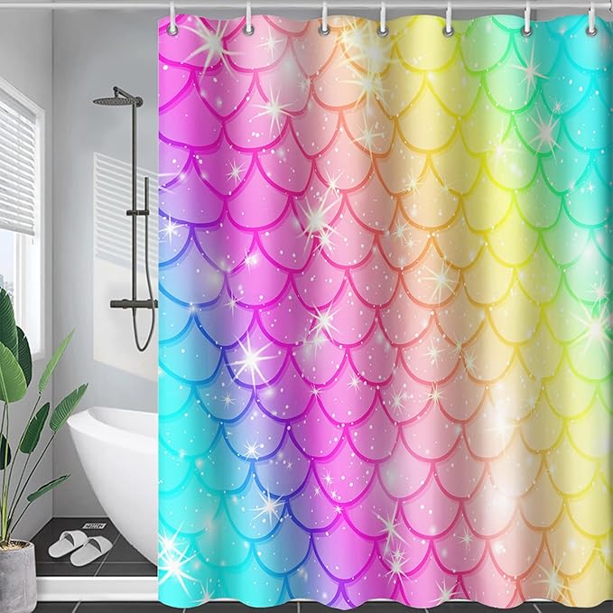AILONEN Mermaid Scale Shower Curtain,Rainbow Mermaid Scale Bath Curtain Gifts for Girls,Polyester Waterproof for Bathroom with 12 Plastic Hooks 72" W*72" H
