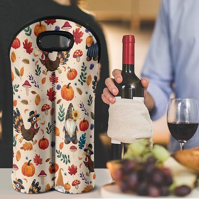 doginthehole Thanksgiving Gnomes Wine Bottle Tote, 750ml 2 Bottles Hand-Held Neoprene Wine Bottle Bag Hand Bag for Travel with Carry Handle, Fall Pumpkin Turkey Champagne Bottles Carrying Case
